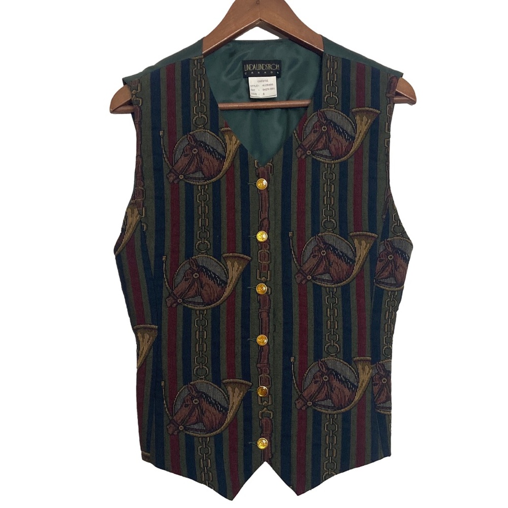 Vintage Lundstrom Tapestry Vest Womens 8 Green Brown Equestrian Horse Waistcoat